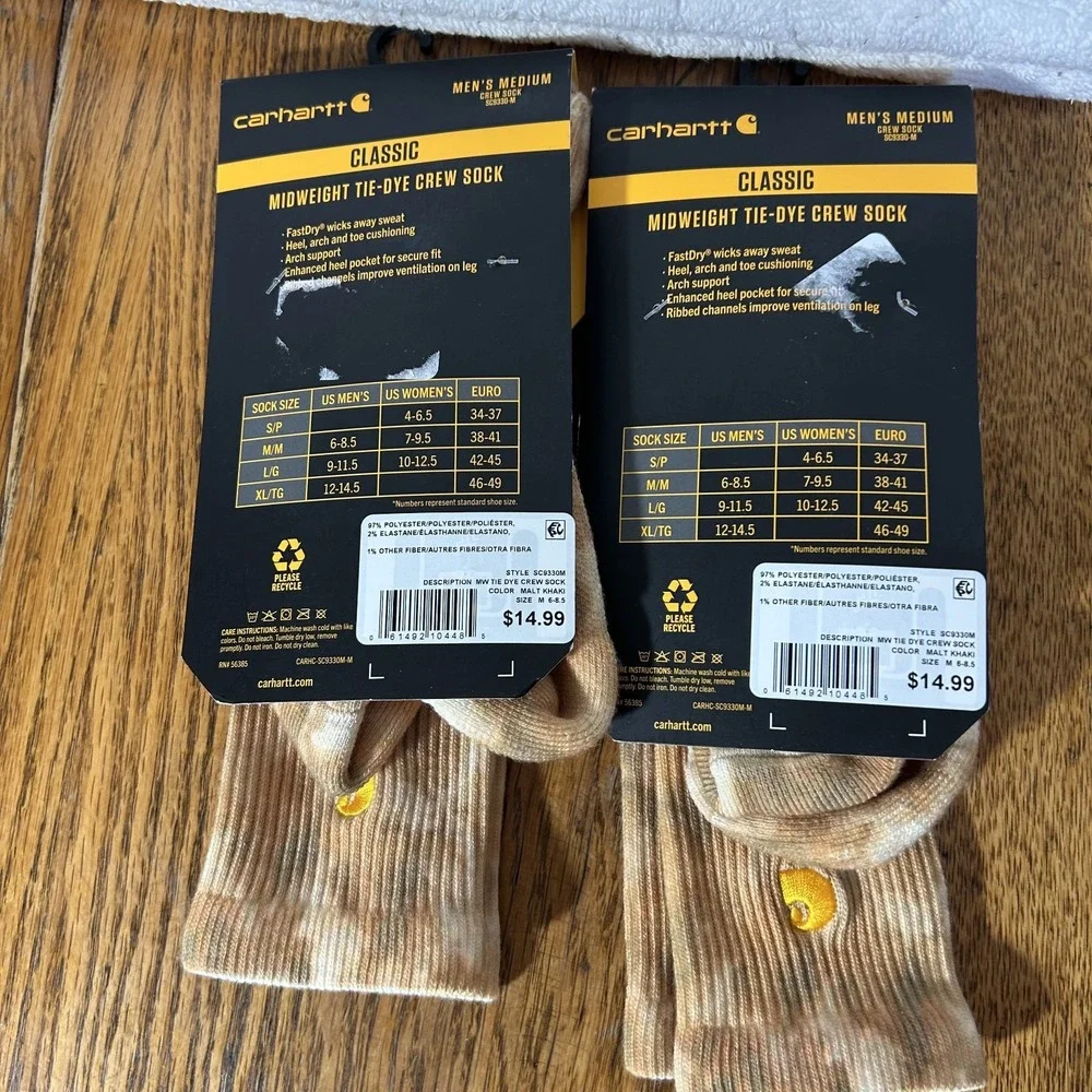 Carhartt Mens Size M (6-8.5) Beige Classic Midweight Tie Dye Crew Socks 2 Pack